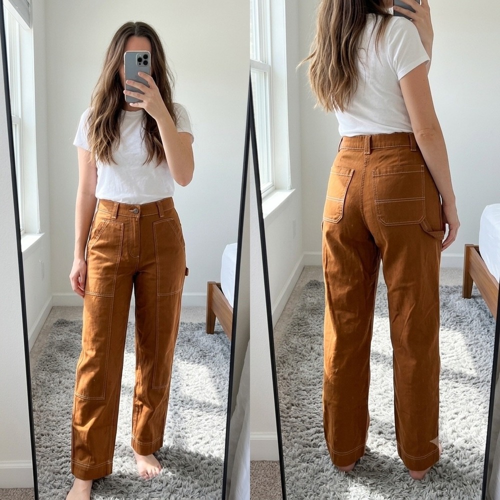 NWT Old Navy High Rise Straight Carpenter Pants 8 Brown Canvas Utility Workwear - Picture 1 of 8